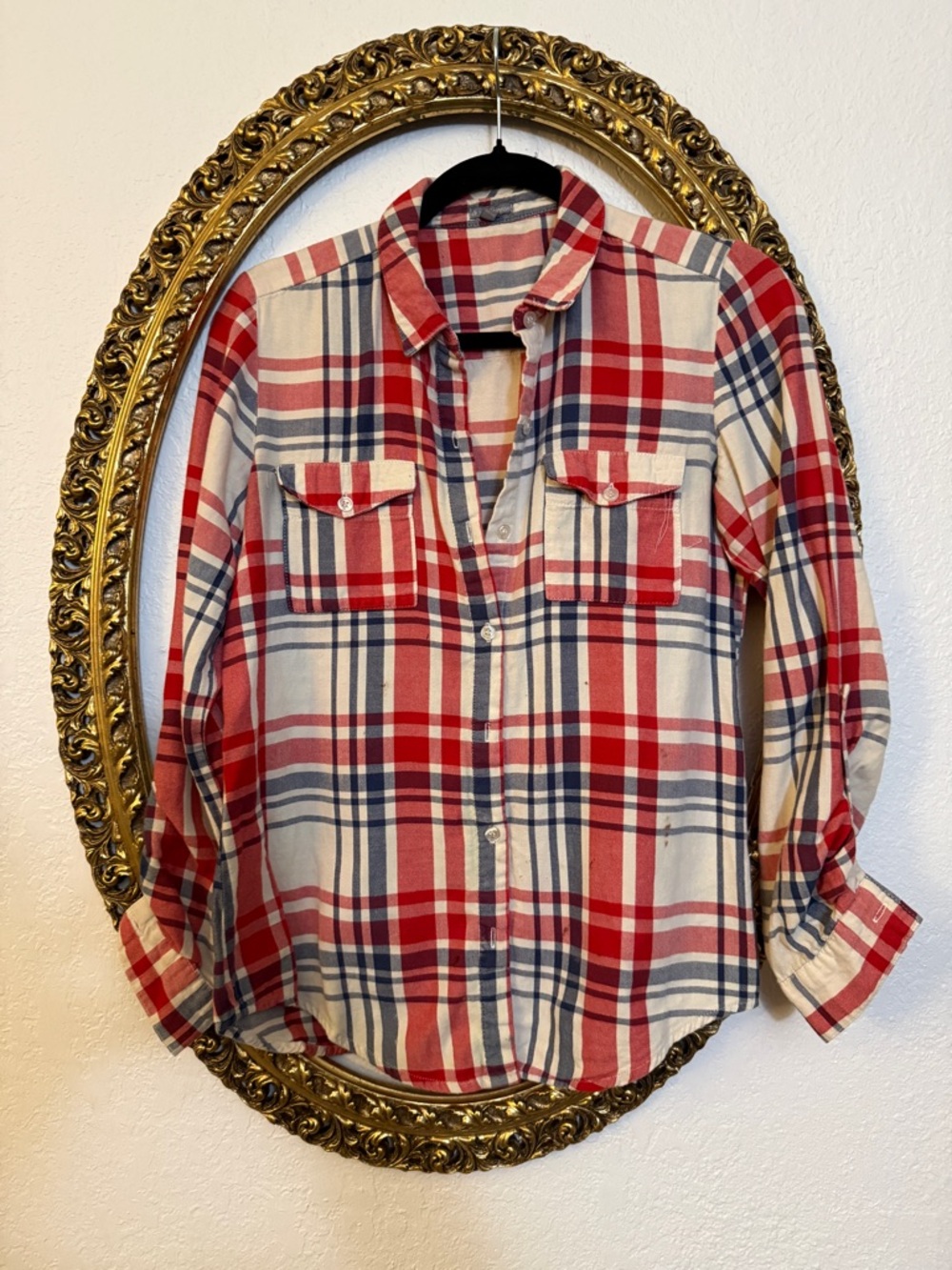 Charlotte Russe Red White and Navy Plaid Button-Down Shirt